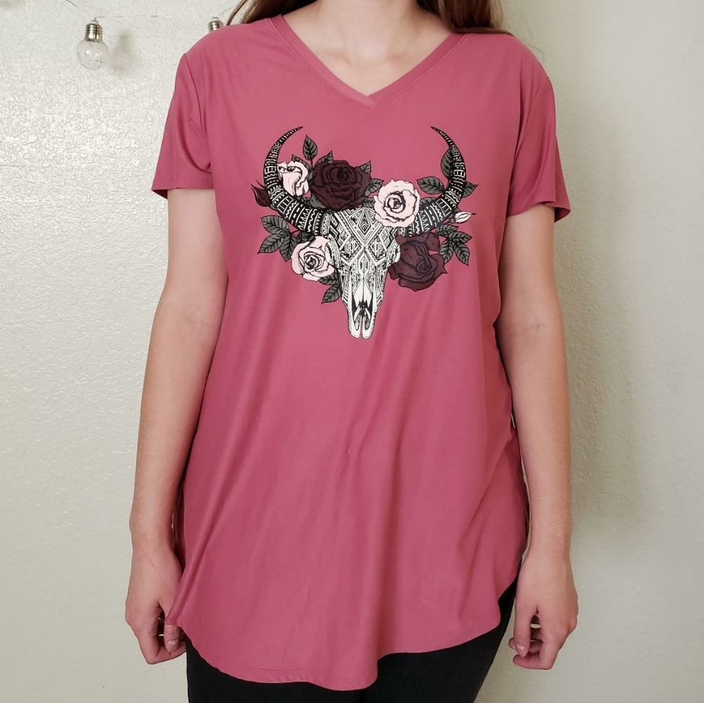 Pink Cow Skull V-Neck T-Shirt with Flowers